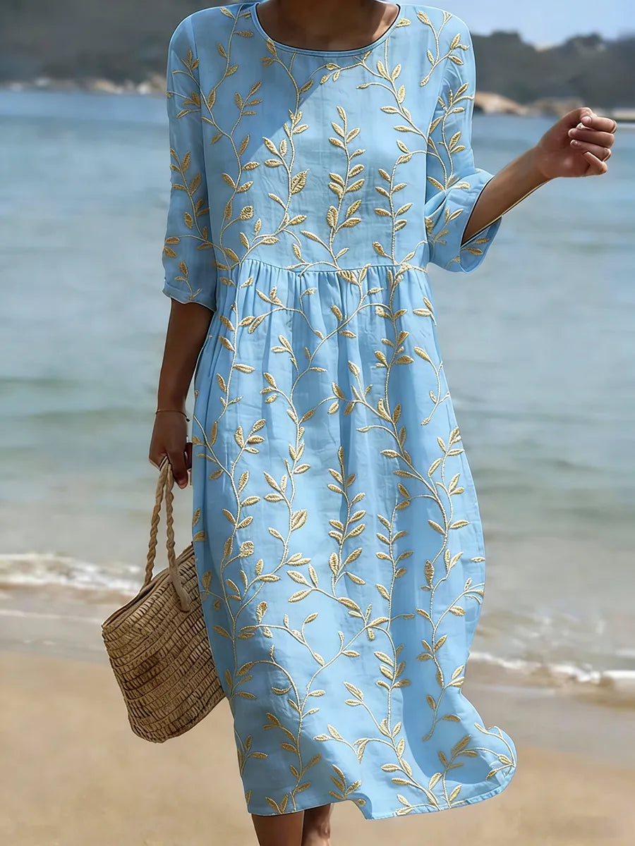 Women's Enchanting Leaf Vine Embroidered Three-Quarter Sleeve Midi Dress