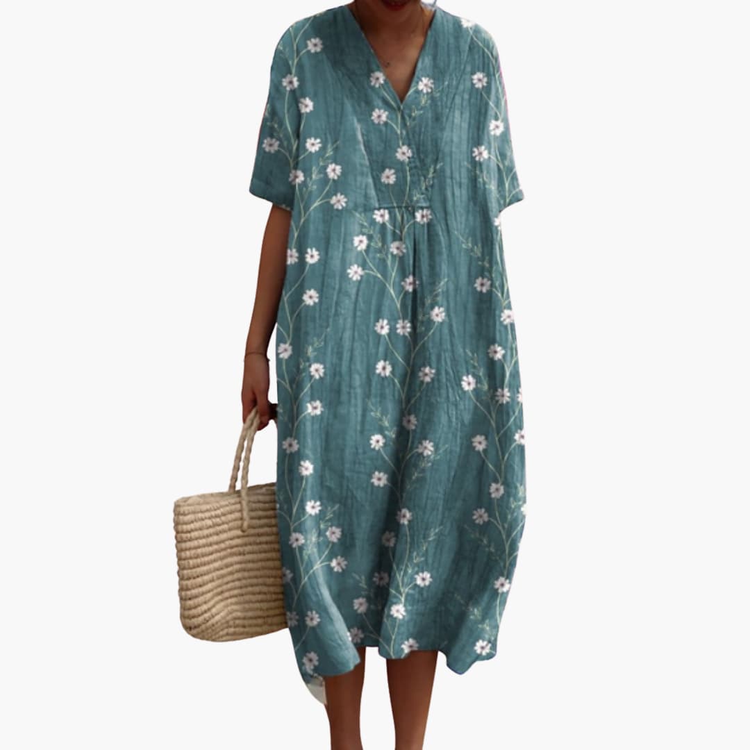 Women's Playful Floral Cotton V-Neck Oversized Casual Midi Dress