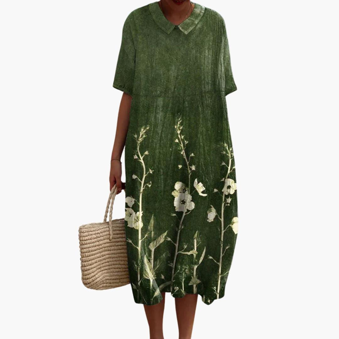 Women's Playful Floral Cotton V-Neck Oversized Casual Midi Dress