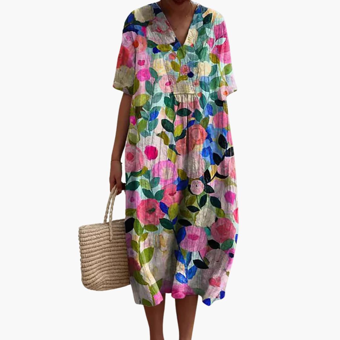 Women's Playful Floral Cotton V-Neck Oversized Casual Midi Dress