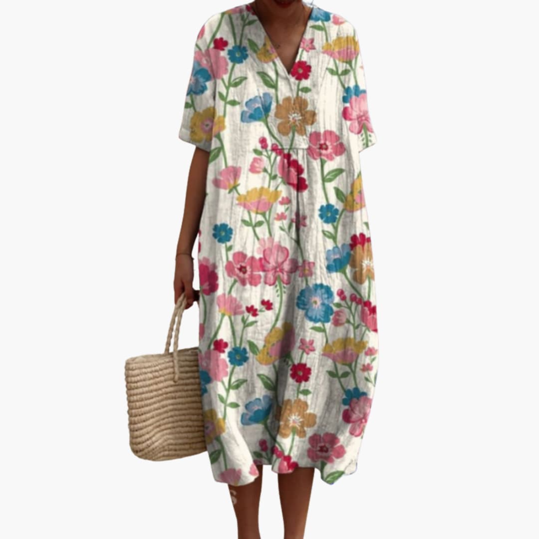 Women's Playful Floral Cotton V-Neck Oversized Casual Midi Dress