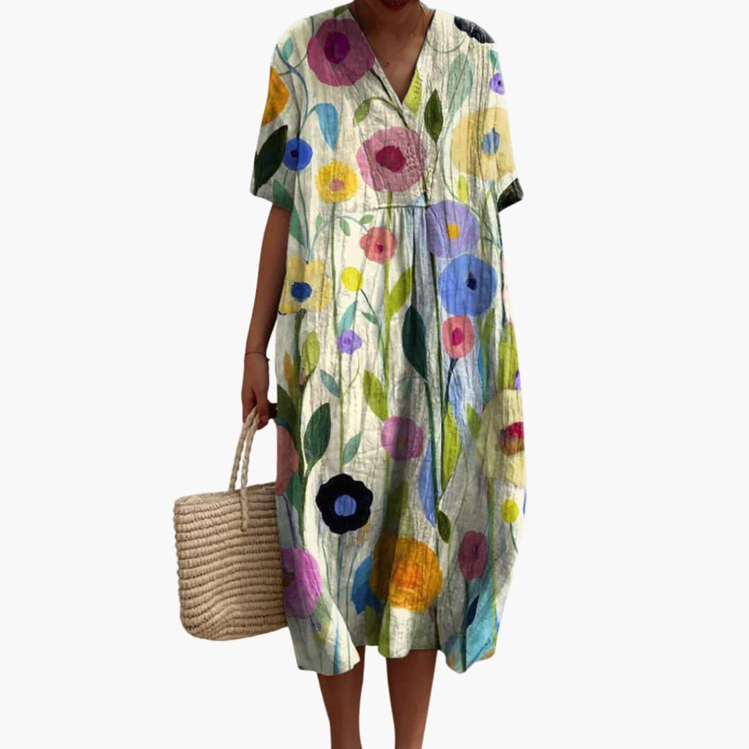 Women's Playful Floral Cotton V-Neck Oversized Casual Midi Dress