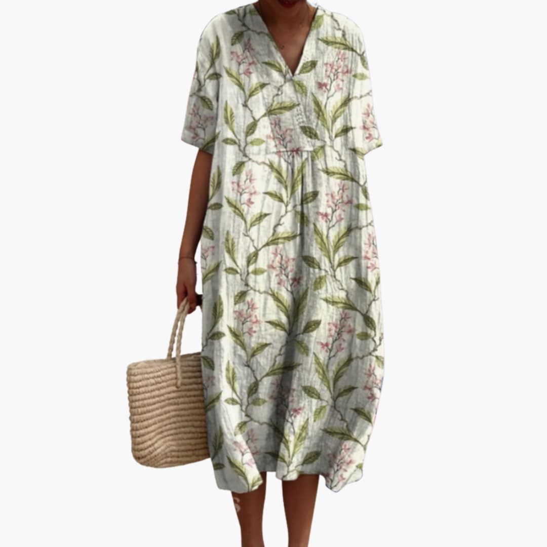 Women's Playful Floral Cotton V-Neck Oversized Casual Midi Dress