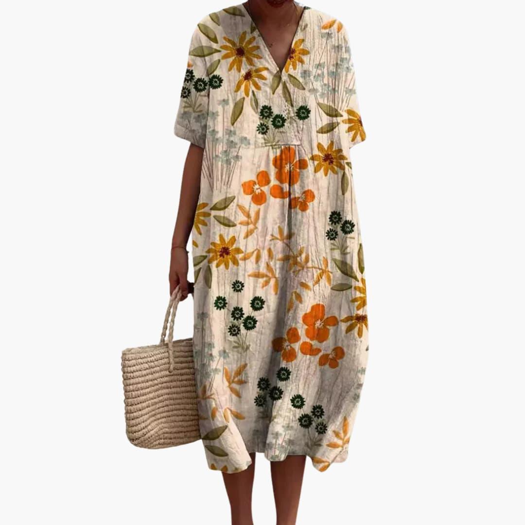 Women's Playful Floral Cotton V-Neck Oversized Casual Midi Dress