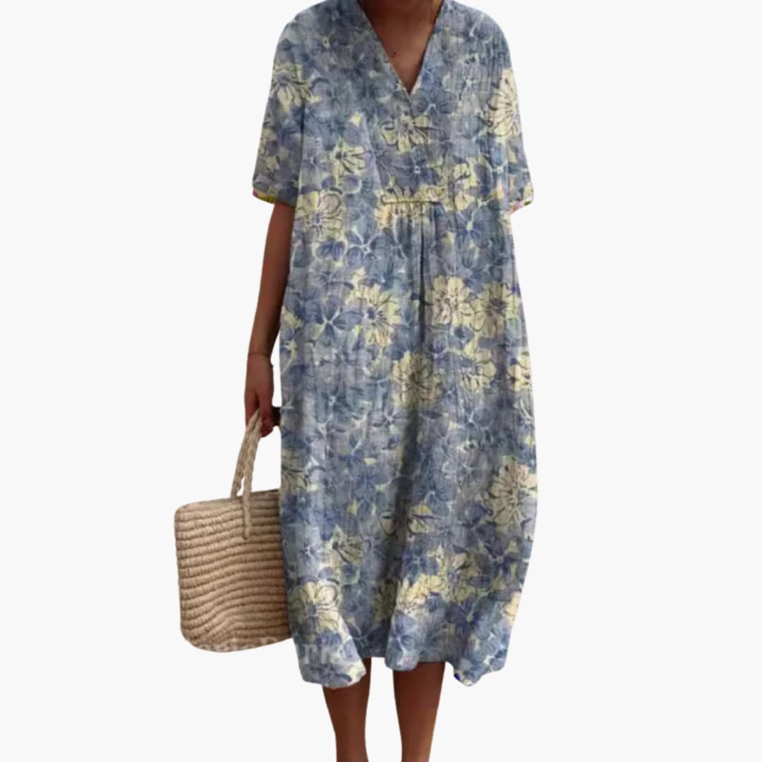 Women's Playful Floral Cotton V-Neck Oversized Casual Midi Dress