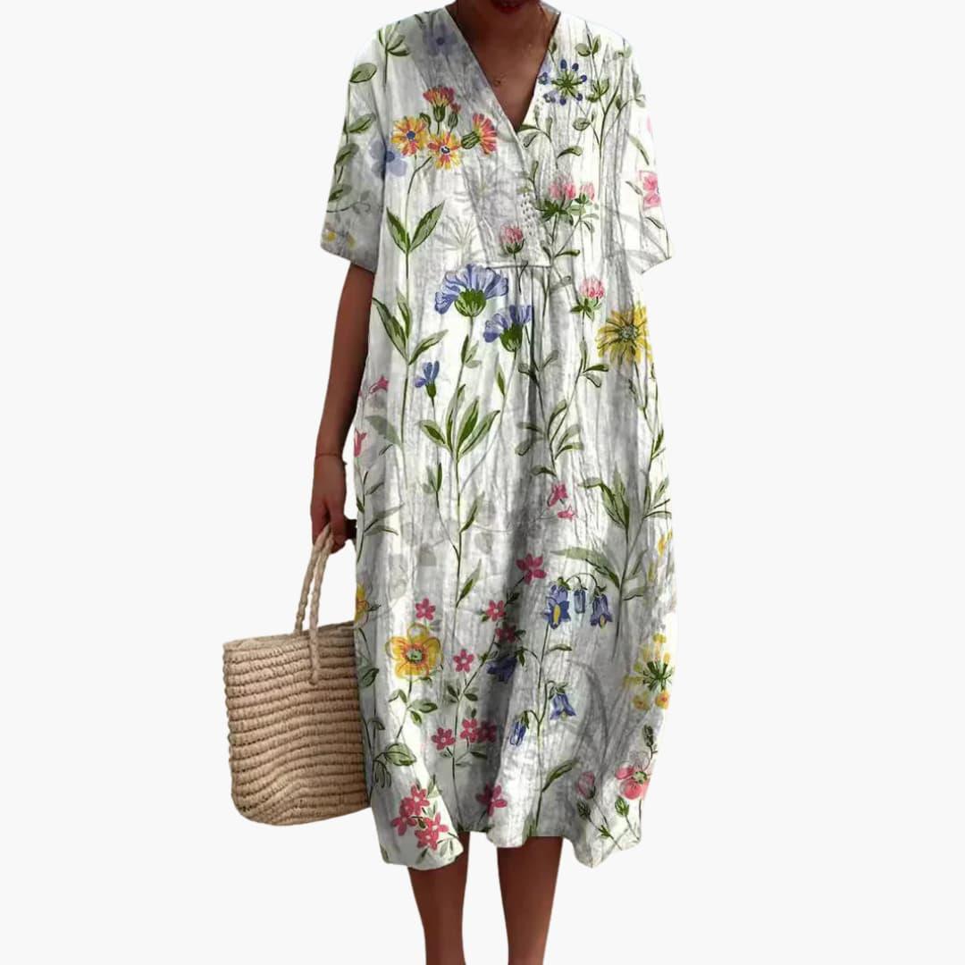 Women's Playful Floral Cotton V-Neck Oversized Casual Midi Dress