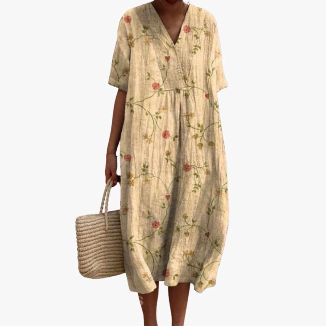 Women's Playful Floral Cotton V-Neck Oversized Casual Midi Dress