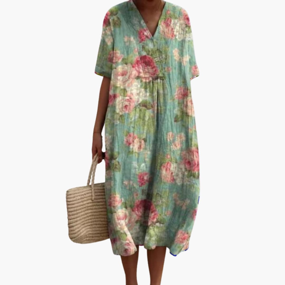 Women's Playful Floral Cotton V-Neck Oversized Casual Midi Dress