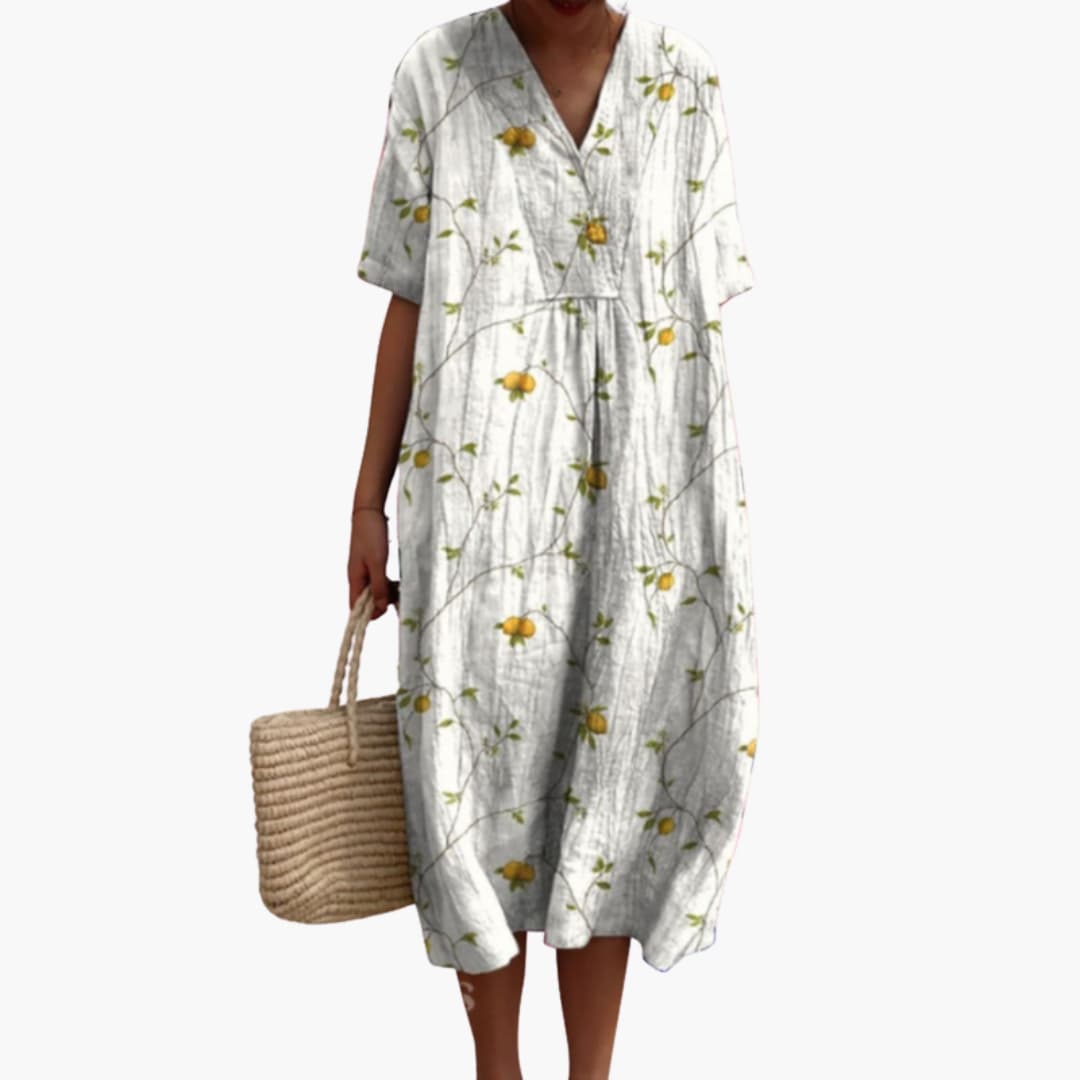 Women's Playful Floral Cotton V-Neck Oversized Casual Midi Dress