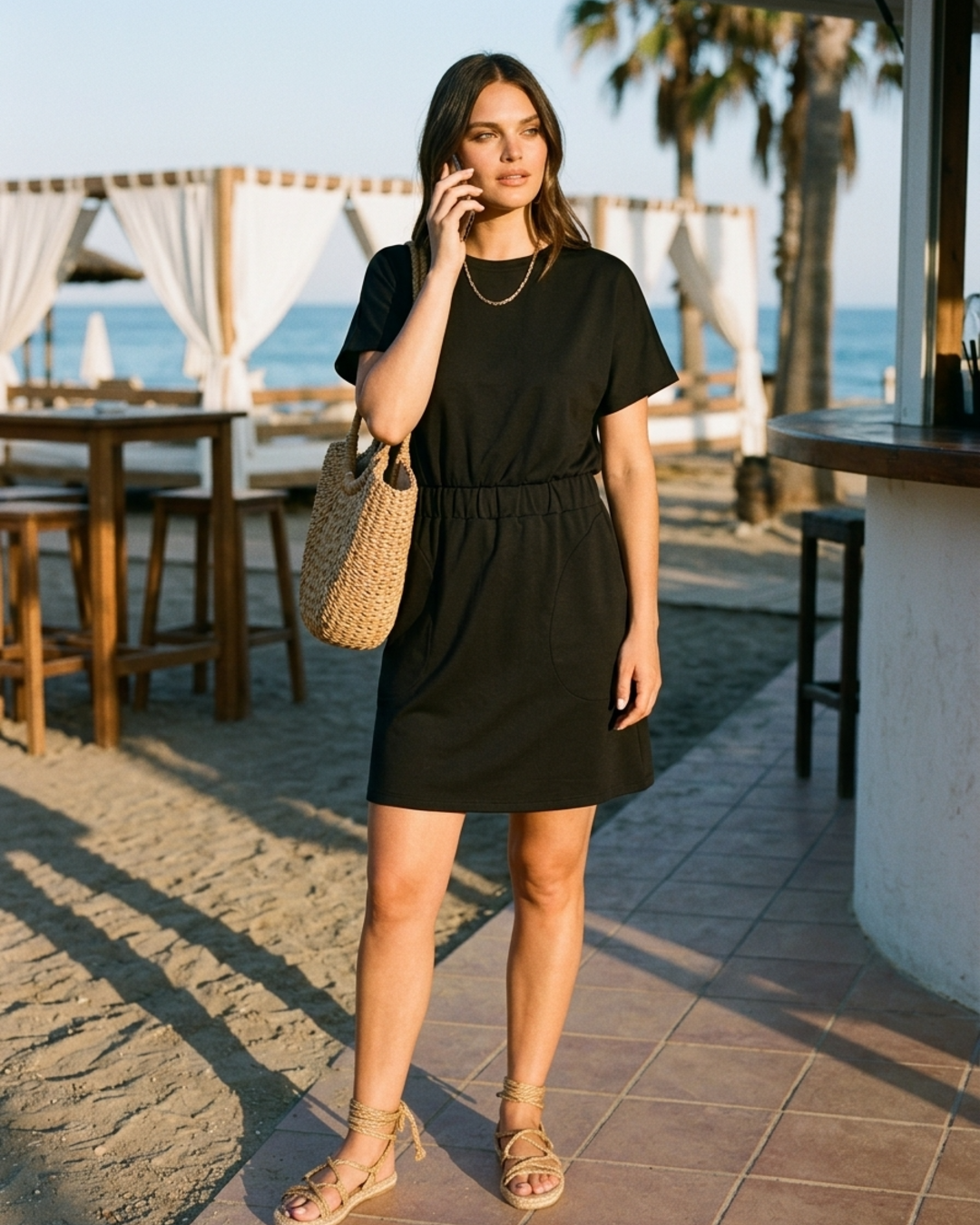 Women's Pocket Elastic Waist Mini T-Shirt Dress
