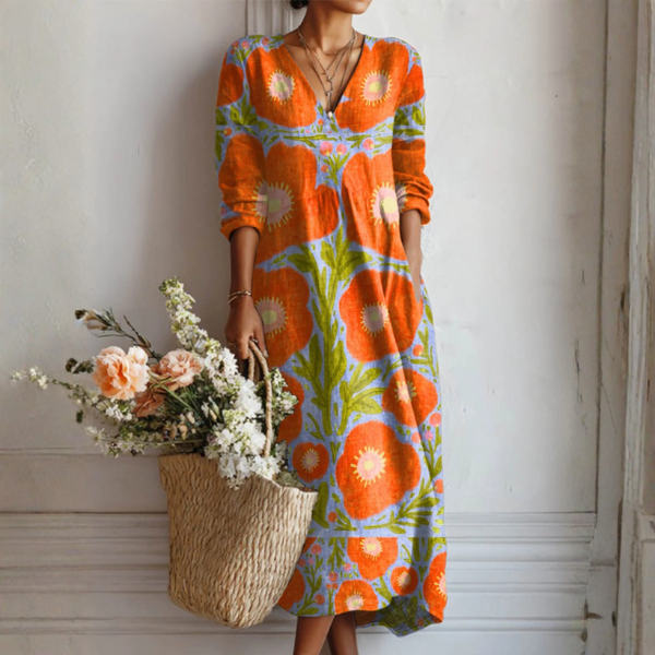 Women's Free-Spirited Retro Floral Long Sleeve Boho Maxi Dress