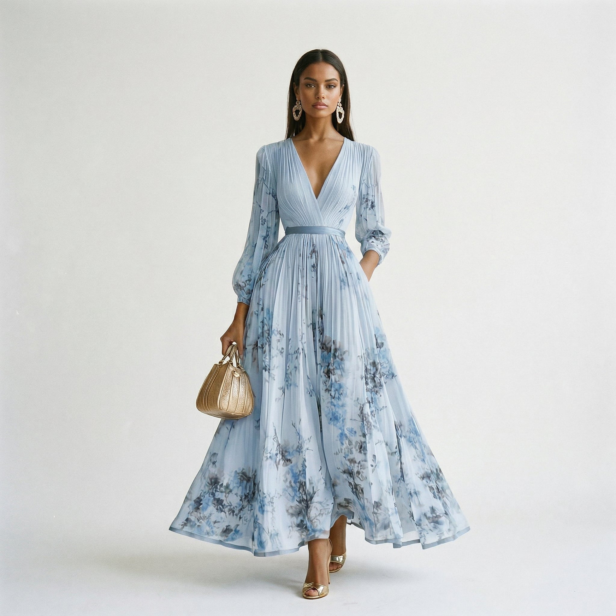 Women's Elegant Floral Long Sleeve Maxi Dress