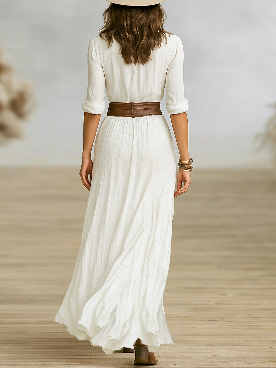 Women's Long Belted Dress With Pleated Lapels