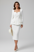 Women's Square Neckline Peplum Blazer Midi Skirt Suit Set