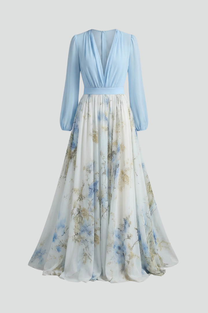 Women's Breezy V-Neck Sheer Sleeve Flowing Maxi Dress