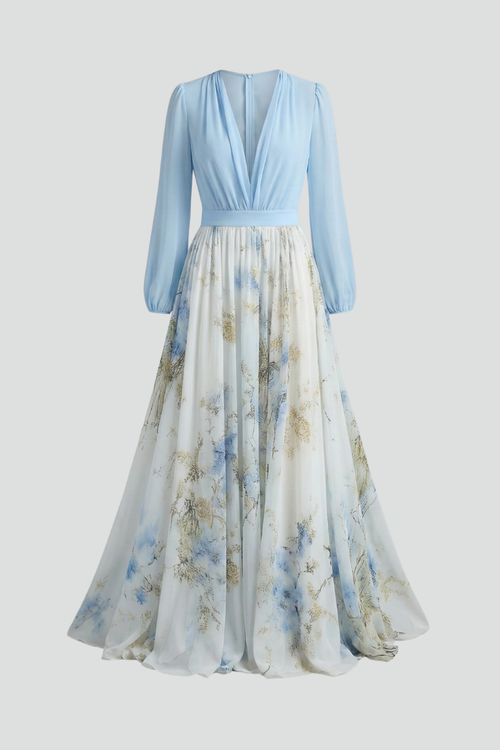 Women's Breezy V-Neck Sheer Sleeve Flowing Maxi Dress