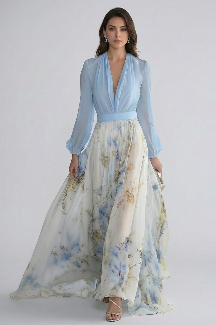 Women's Breezy V-Neck Sheer Sleeve Flowing Maxi Dress