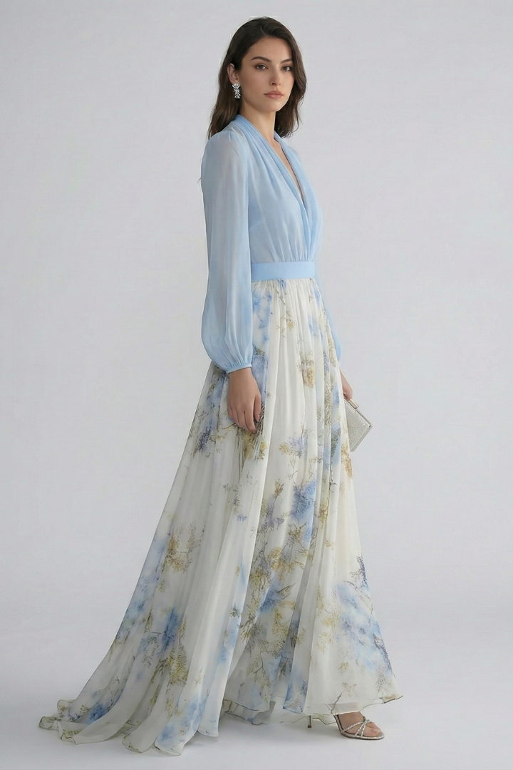 Women's Breezy V-Neck Sheer Sleeve Flowing Maxi Dress