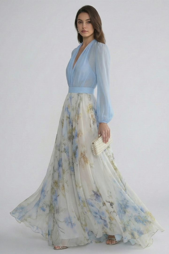 Women's Breezy V-Neck Sheer Sleeve Flowing Maxi Dress