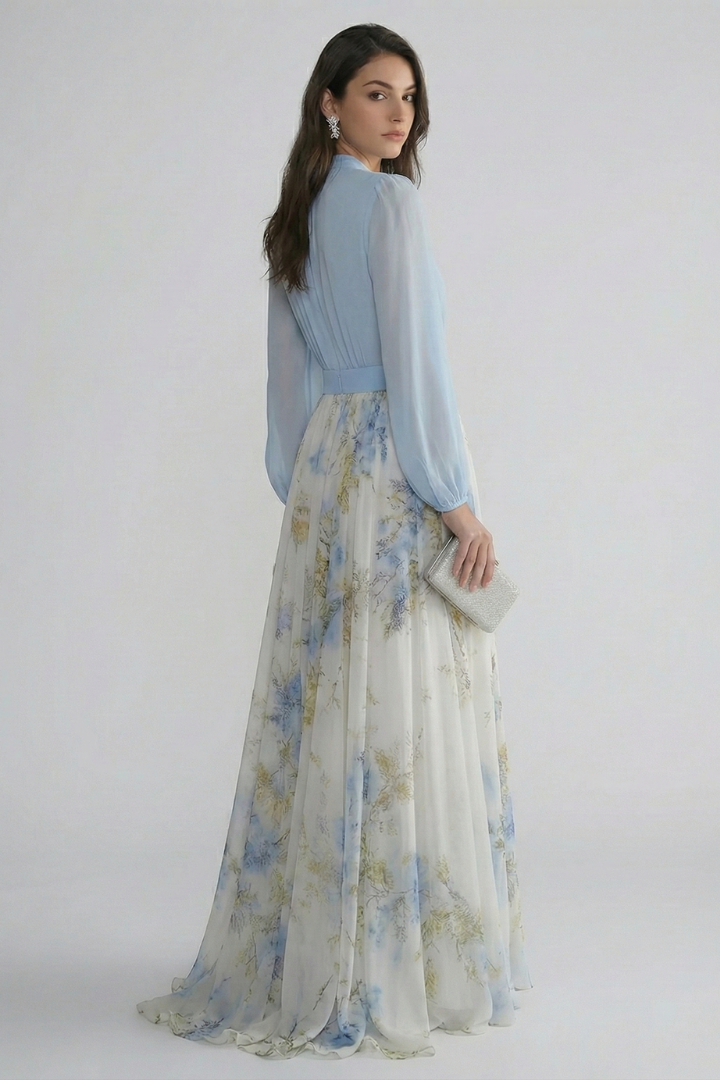 Women's Breezy V-Neck Sheer Sleeve Flowing Maxi Dress