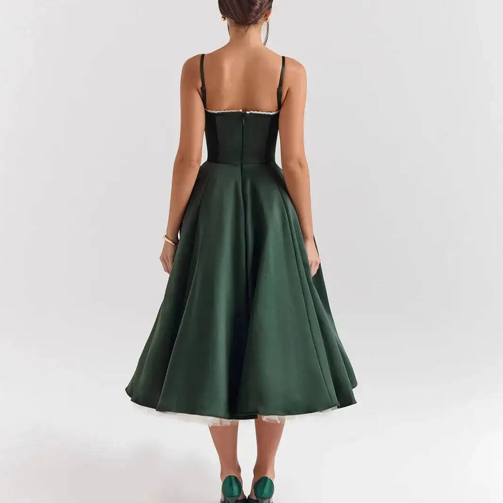 Women's Luxe Satin Strapless French-Waist Strap Midi Dress