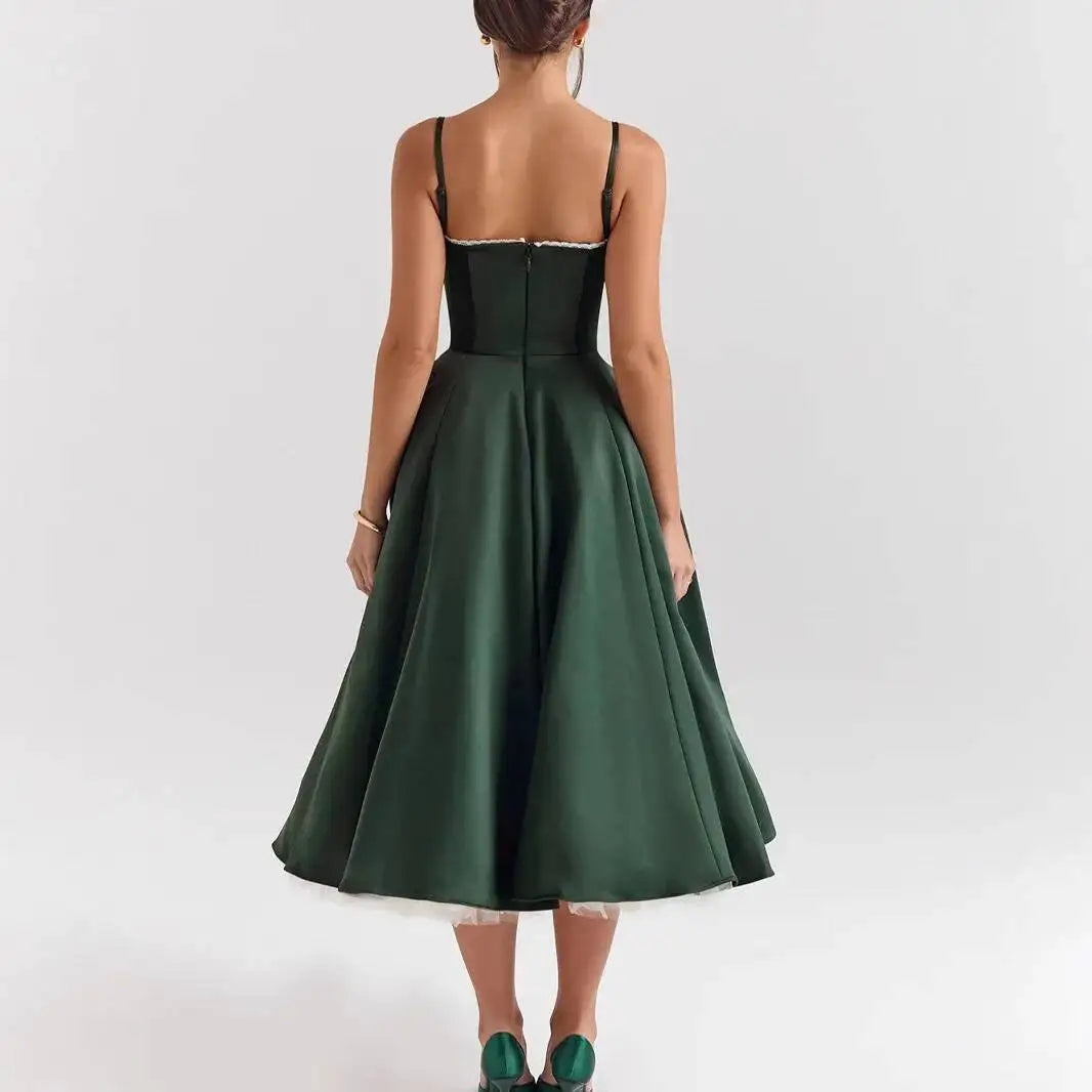 Women's Luxe Satin Strapless French-Waist Strap Midi Dress