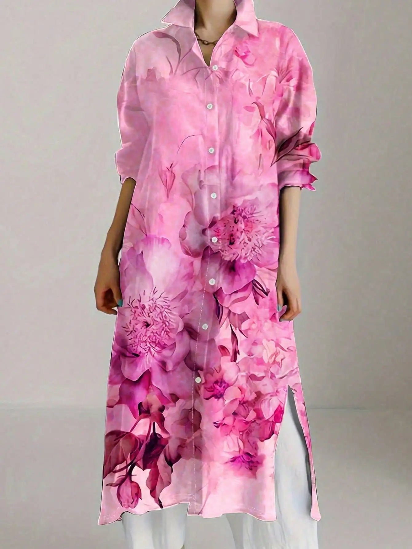 Women's Vintage-Chic Floral Print Long Sleeve Shirt Dress