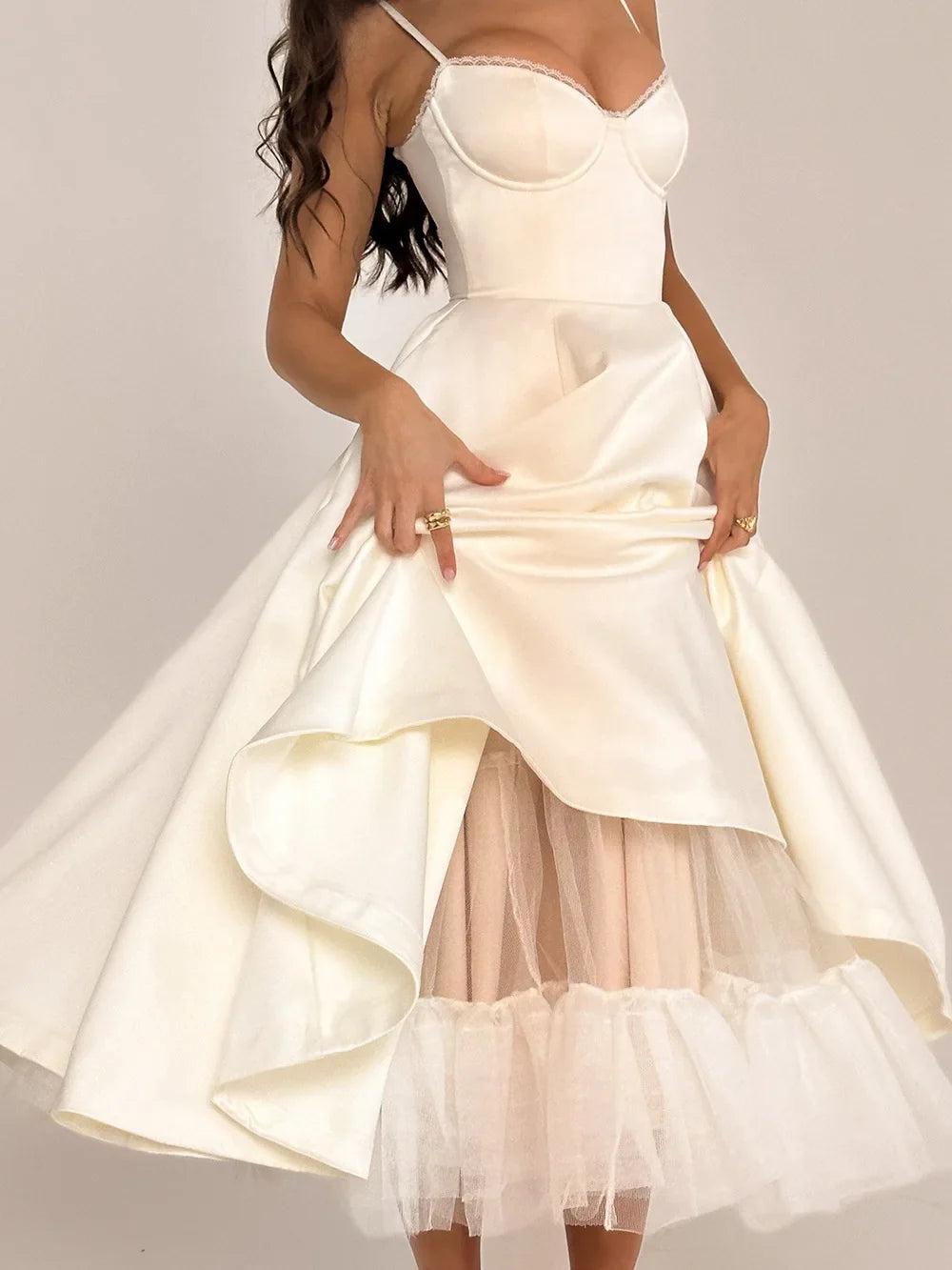 Women's Luxe Satin Strapless French-Waist Strap Midi Dress