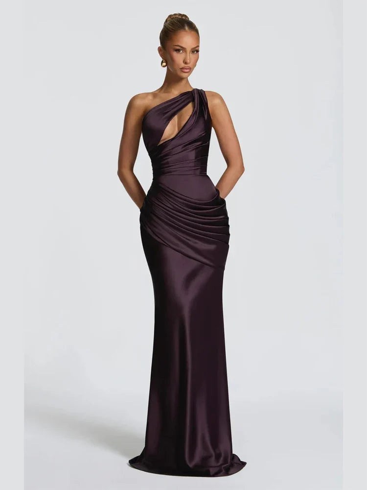 Women's Sleek Ruched Satin One-Shoulder Cutout Mermaid Maxi Dress