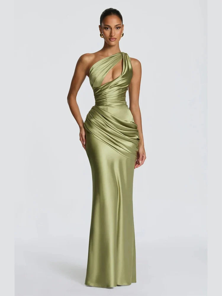Women's Sleek Ruched Satin One-Shoulder Cutout Mermaid Maxi Dress