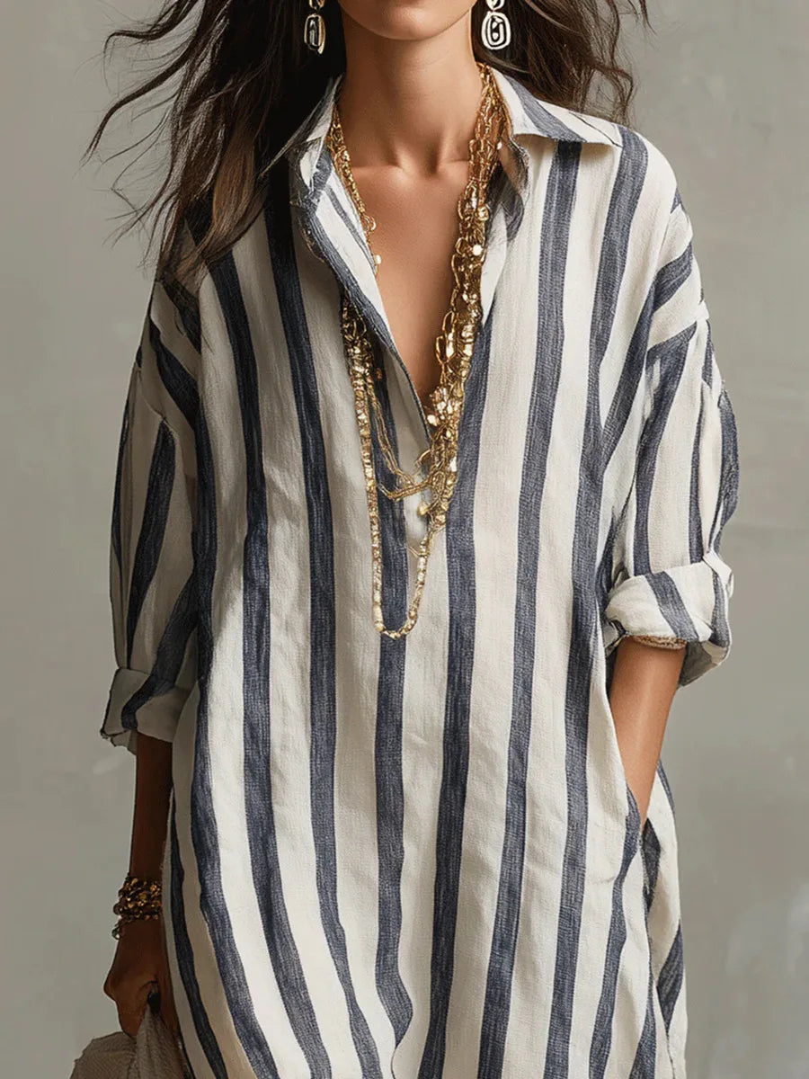 Women's Laid-Back Striped Oversized Linen Shirt Casual Maxi Dress