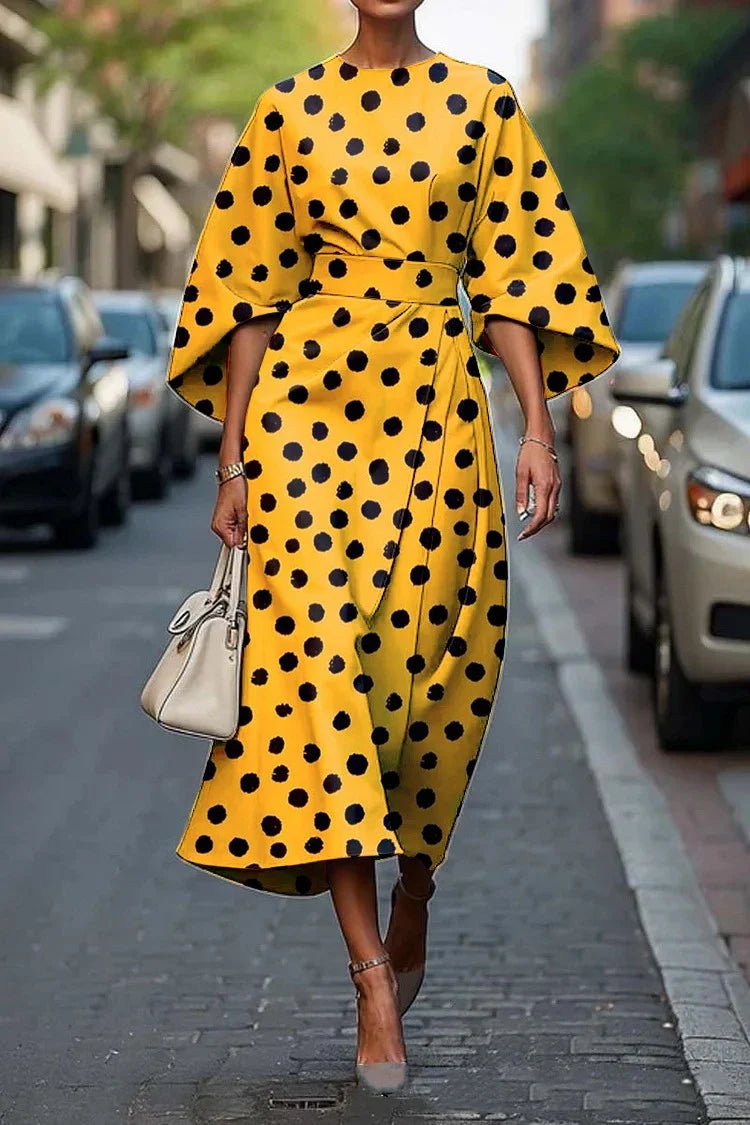 Women's Elegant Floral Print Wide Sleeve Belted Midi Dress