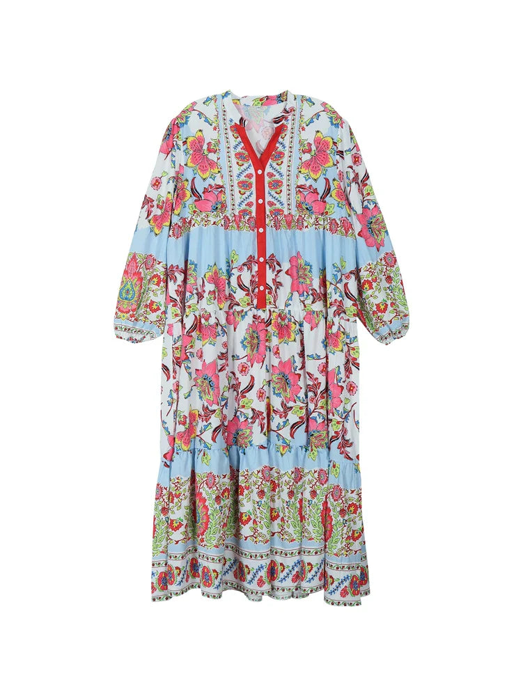 Women's Relaxed V-Neck Printed Casual Maxi Dress