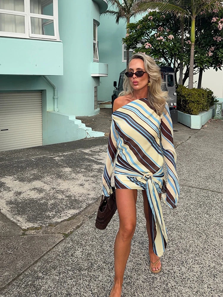 Women's Playful Stripe Print Skew Collar Full Sleeve Mini Dress