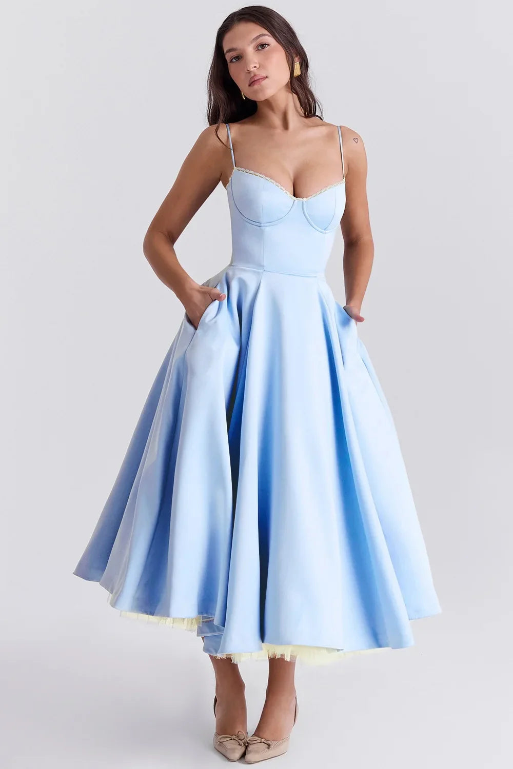 Women's Luxe Satin Strapless French-Waist Strap Midi Dress