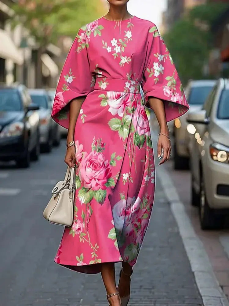 Women's Elegant Floral Print Wide Sleeve Belted Midi Dress