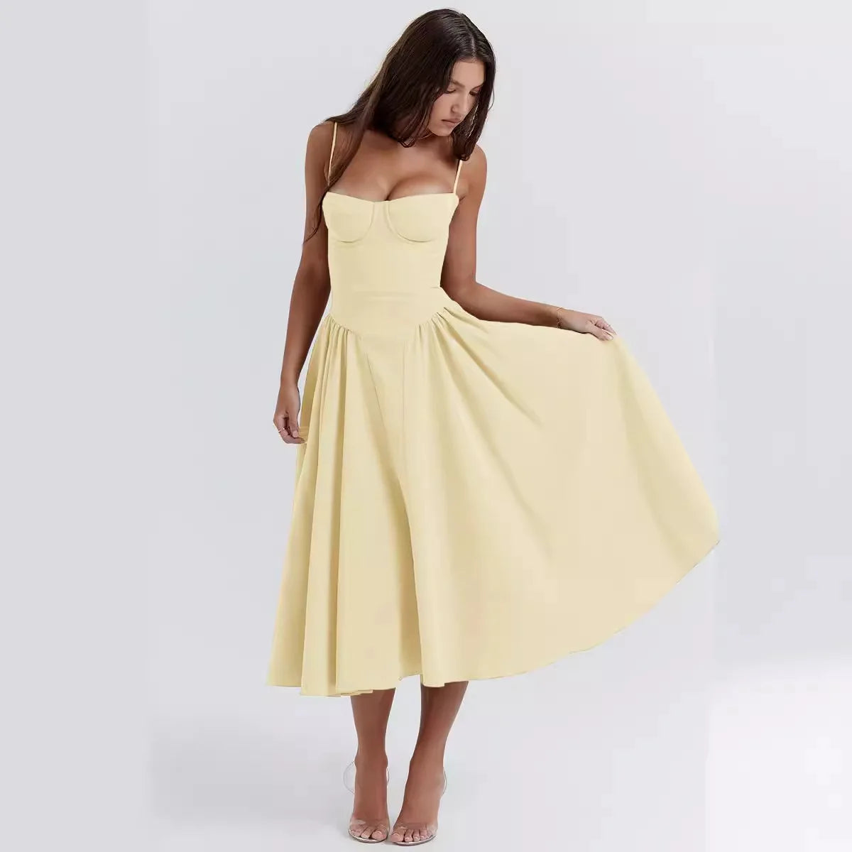 Women's Sleek Solid Sling Backless Pleated A-Line Midi Dress