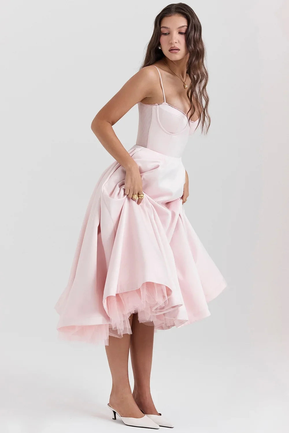 Women's Luxe Satin Strapless French-Waist Strap Midi Dress