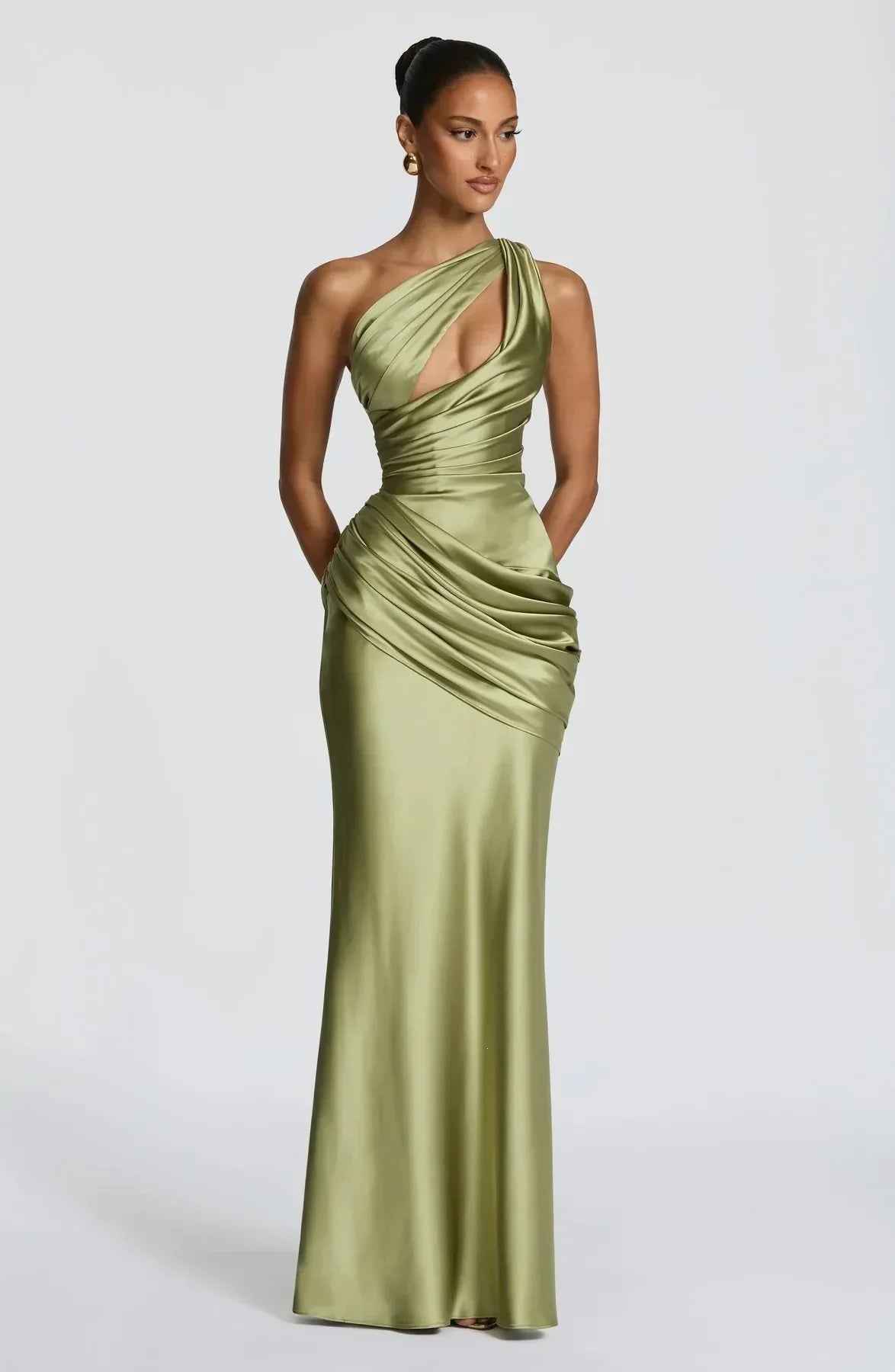 Women's Glamorous Satin One-Shoulder Ruched Mermaid Maxi Dress