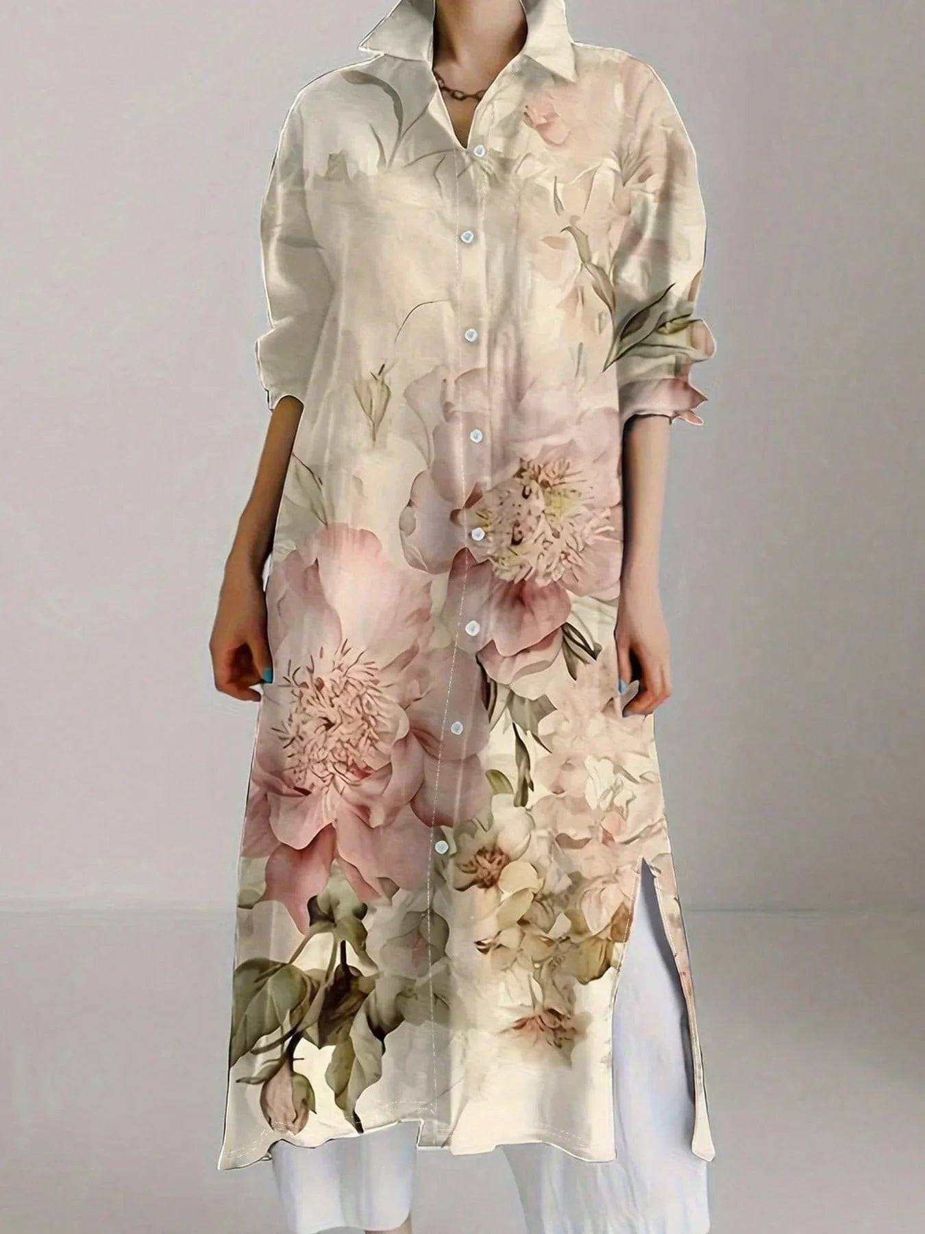 Women's Vintage-Chic Floral Print Long Sleeve Shirt Dress