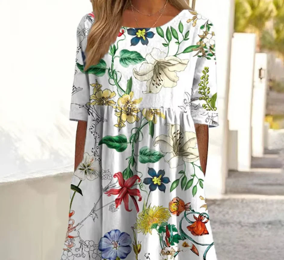 Women's Casual Crew Neck Pocket Short Sleeve Printed Dress