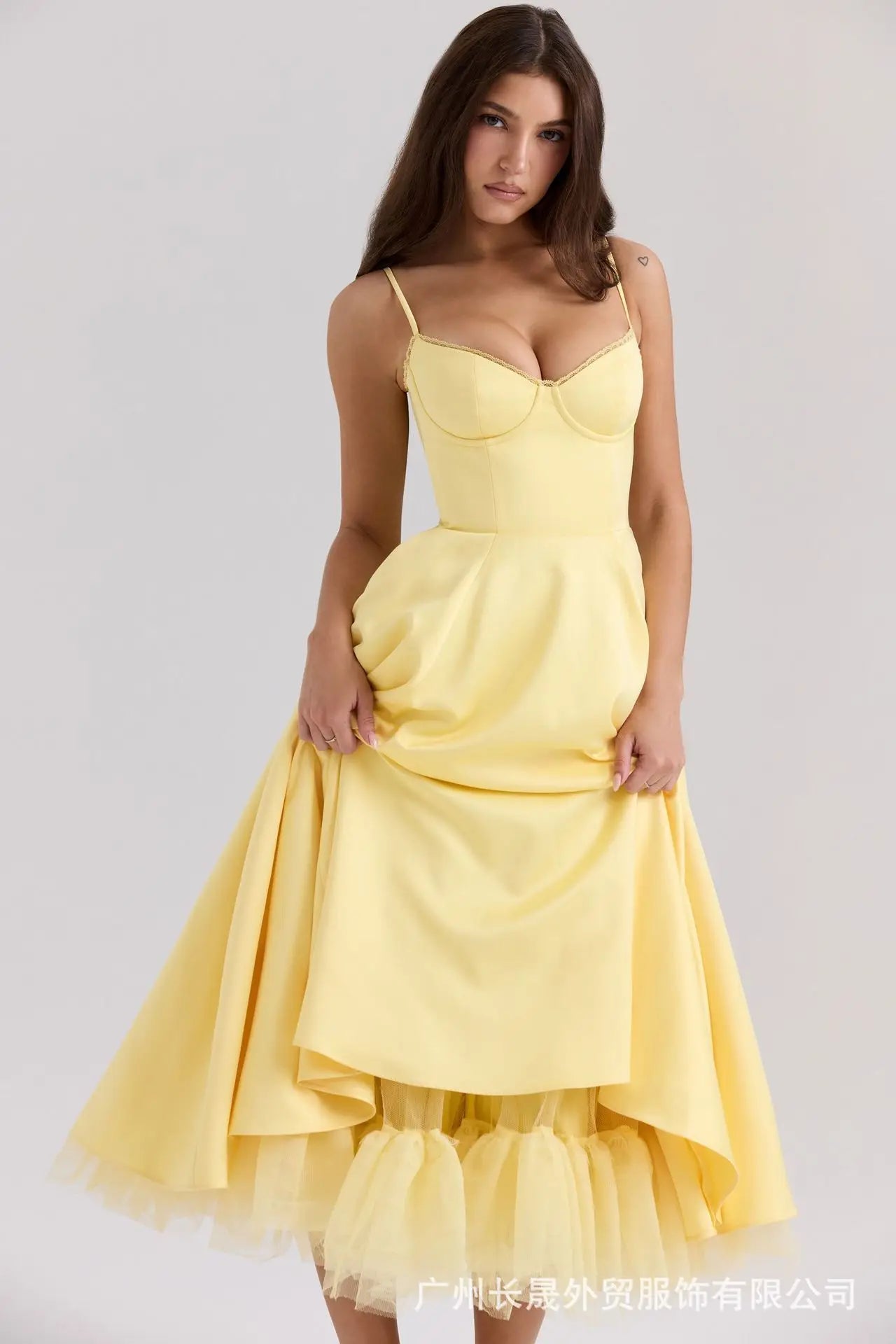Women's Luxe Satin Strapless French-Waist Strap Midi Dress