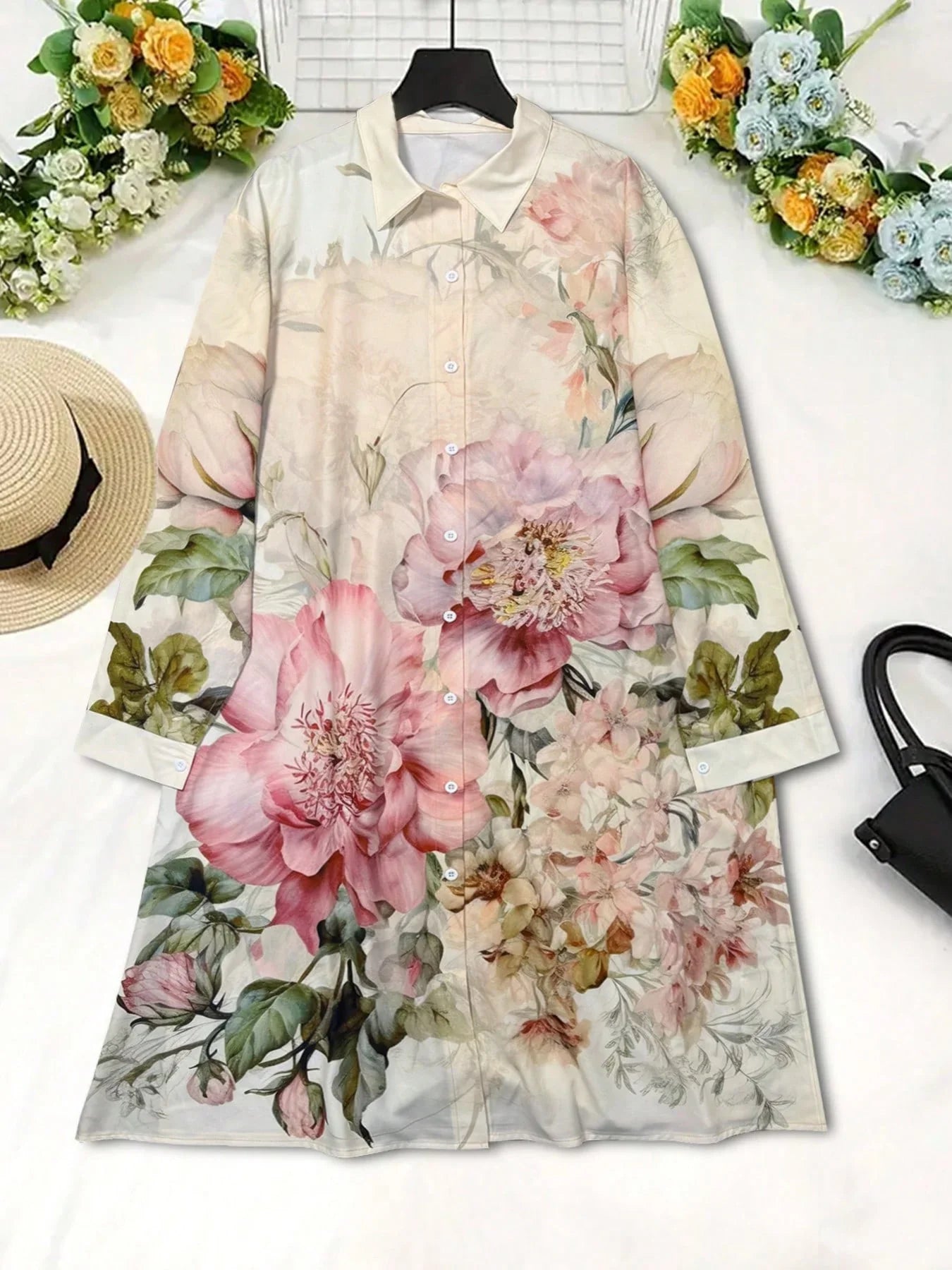 Women's Vintage-Chic Floral Print Long Sleeve Shirt Dress