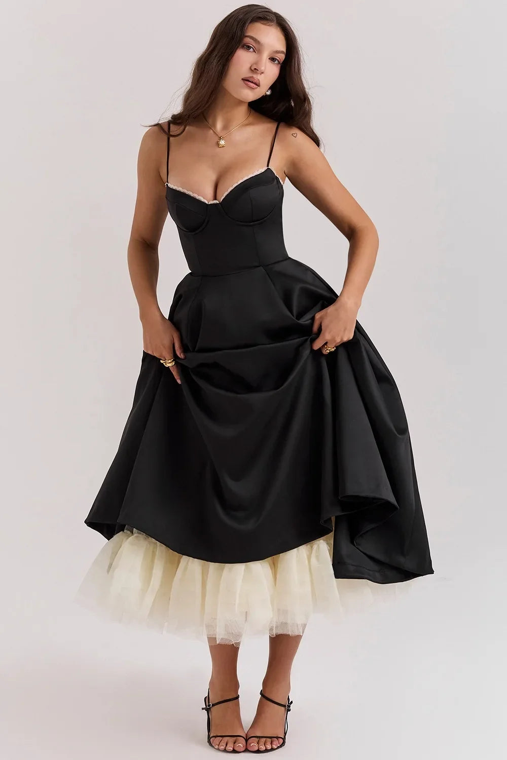 Women's Luxe Satin Strapless French-Waist Strap Midi Dress