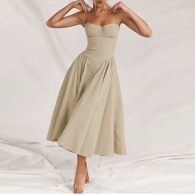 Women's Sleek Solid Sling Backless Pleated A-Line Midi Dress