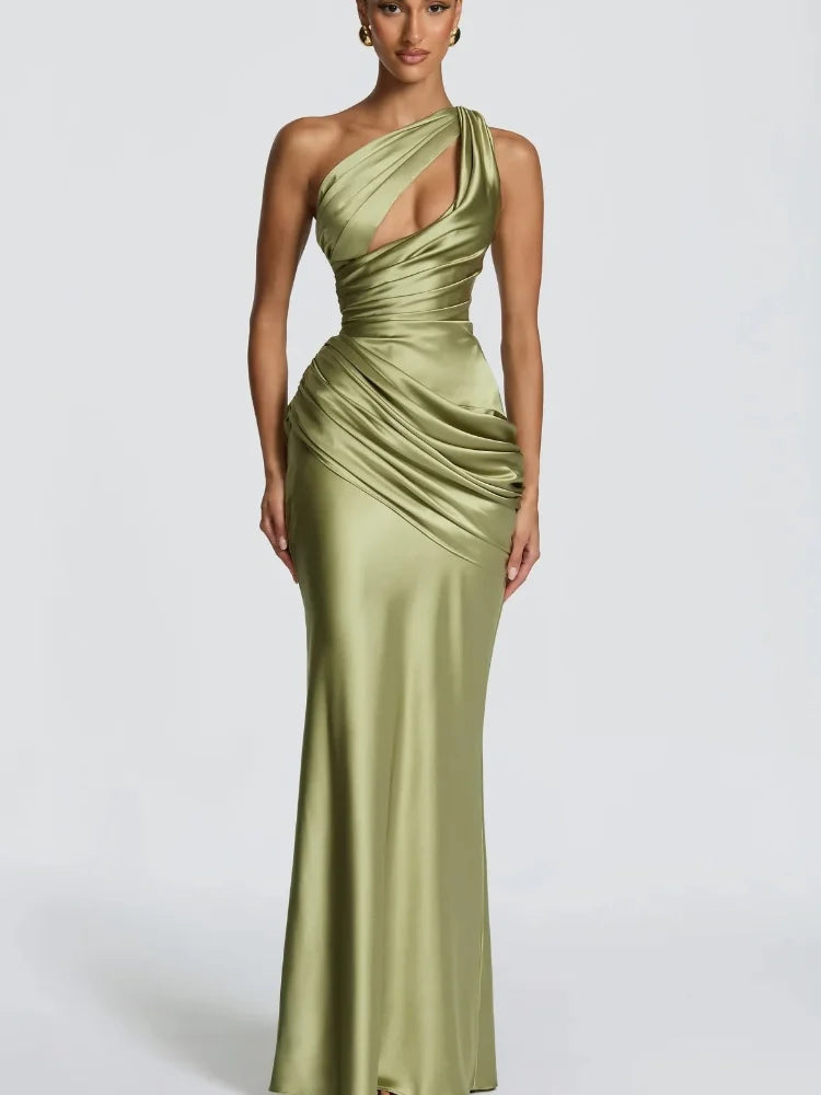 Women's Sleek Ruched Satin One-Shoulder Cutout Mermaid Maxi Dress