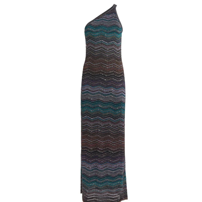 Women's Glitzy Gradient Zigzag Print One-Shoulder Bodycon Maxi Dress