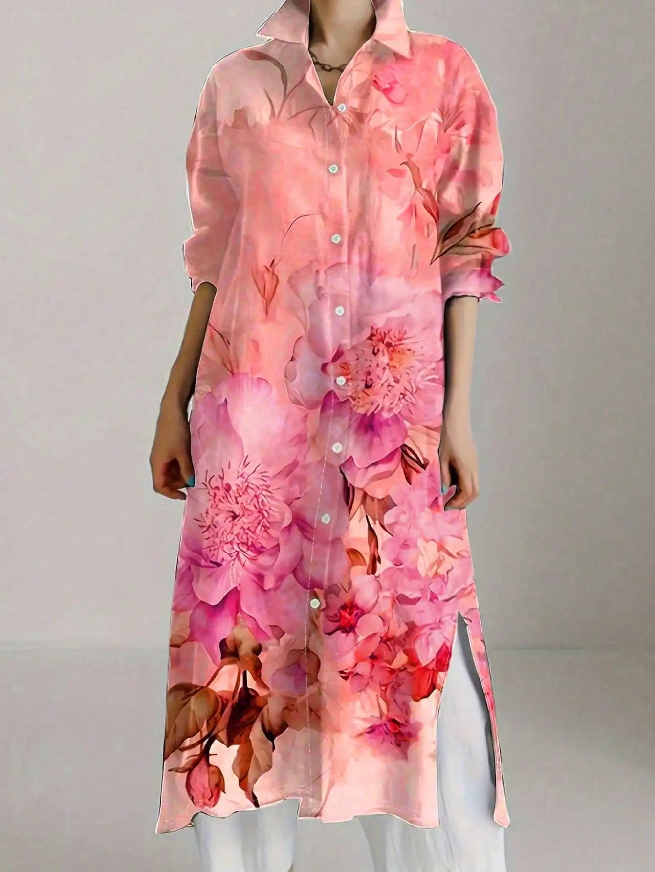 Women's Vintage-Chic Floral Print Long Sleeve Shirt Dress