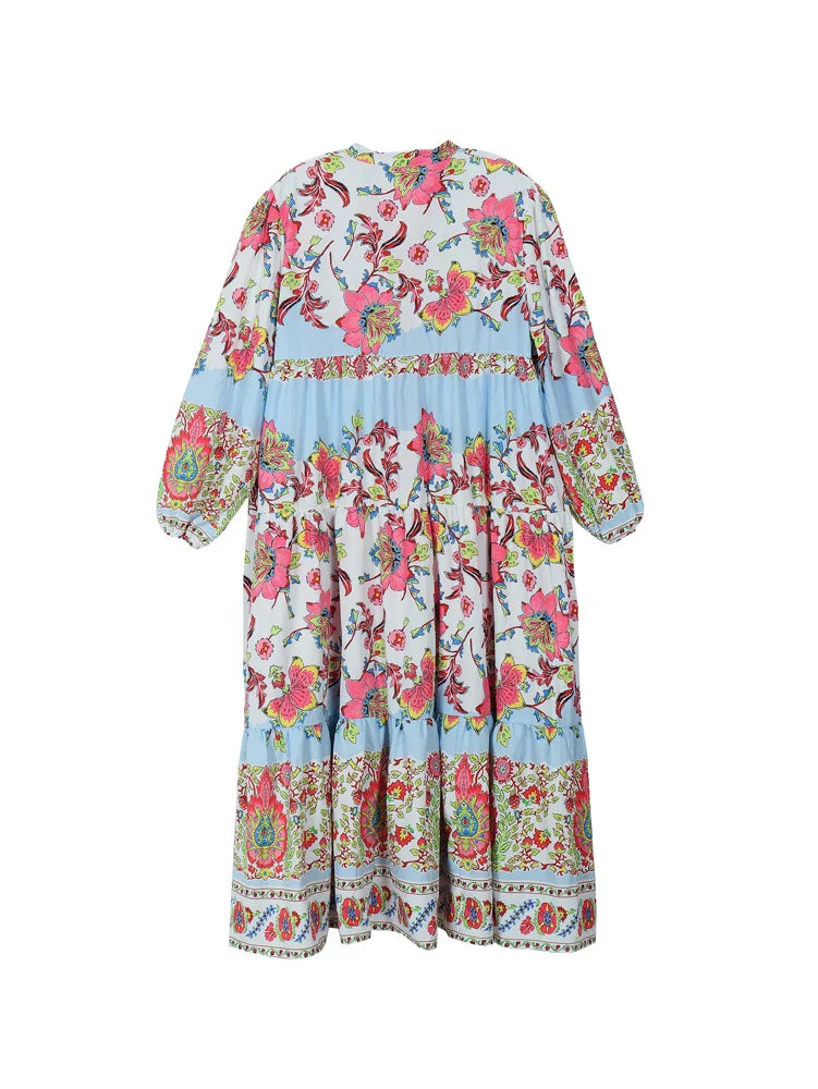 Women's Relaxed V-Neck Printed Casual Maxi Dress