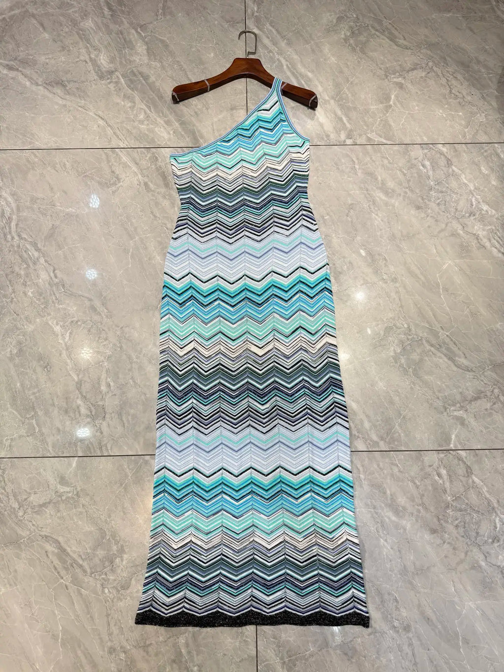 Women's Glitzy Gradient Zigzag Print One-Shoulder Bodycon Maxi Dress